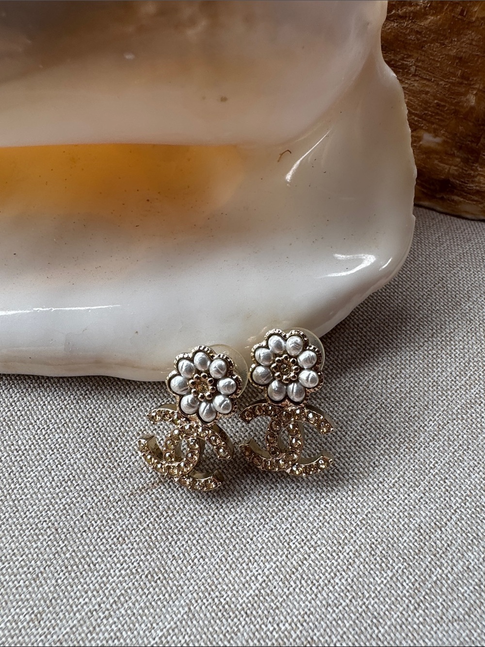 CHANEL Gold and White Camellia CC Crystal Clips Earrings
